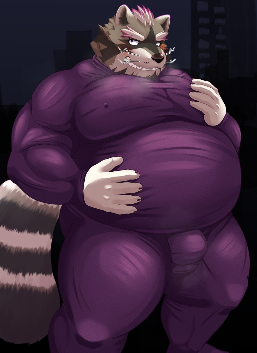 anthro belly big_belly blush bulge clothing detailed_bulge humanoid_hands kemono male musk overweight overweight_male skinsuit solo tight_clothing hisashiyo_0705 lifewonders live_a_hero viscunam mammal procyonid raccoon 2022 absurd_res hi_res