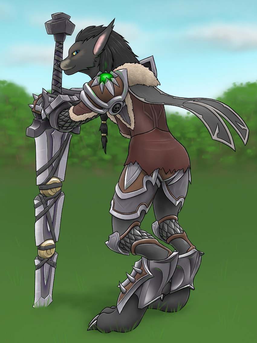 4_toes accessory anthro armor blue_eyes bottomwear braided_hair breasts butt cape claws clothed clothing cloud feet female fur fur_collar gloves glowing glowing_armor grass grey_body grey_fur hair hair_accessory hair_tie handwear holding_object holding_weapon leather leather_armor leather_clothing leather_topwear looking_at_viewer looking_back melee_weapon multicolored_body multicolored_fur outside plant plate_armor rear_view scale_armor shoulder_armor sky smile solo standing sword toe_claws toes topwear tree two_tone_body two_tone_fur warrior weapon yellow_sclera dawnlux blizzard_entertainment warcraft canid canine mammal werecanid werecreature worgen 2023 3:4 digital_media_(artwork) hi_res