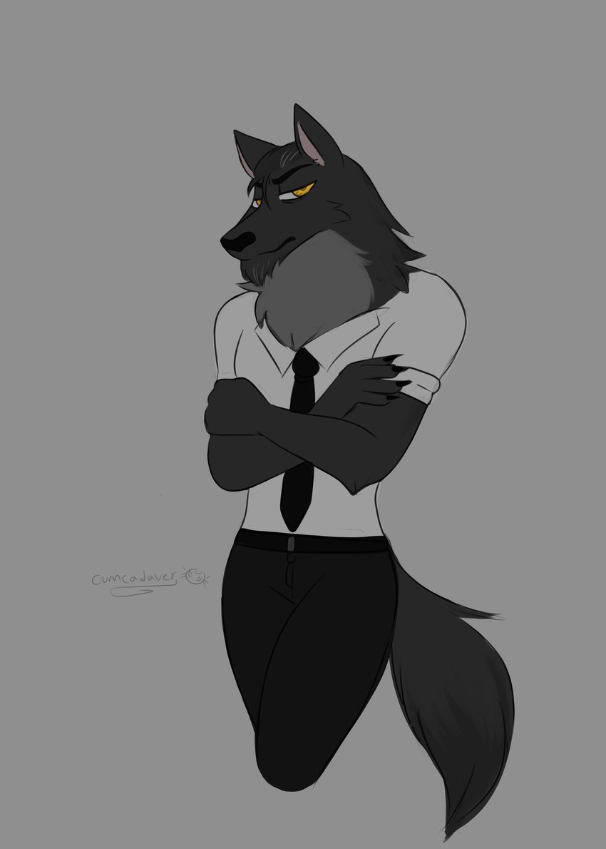 anthro beard belt claws crossed_arms eye_bags facial_hair grey_beard grey_facial_hair grey_hair hair male mature_male necktie slicked_back_hair solo wrinkles cumcadaver locran_gabhar canid canine canis mammal wolf absurd_res hi_res