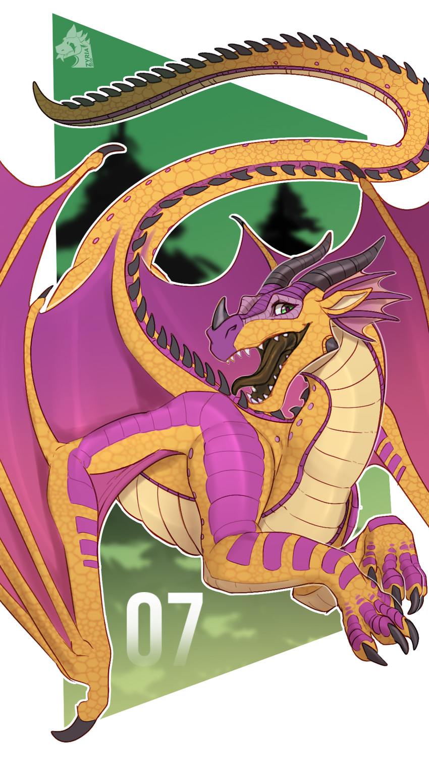 2_horns abstract_background ambiguous_gender back_wings claws countershading ear_frill facial_horn feet feral finger_claws frill_(anatomy) green_eyes horn looking_at_viewer markings membrane_(anatomy) membranous_wings nose_horn open_mouth outline pink_body pink_scales pink_wings scales solo spikes spikes_(anatomy) spread_wings tail talons tapering_tail teeth toes tongue ventral_scales white_outline wing_claws wings yellow_body yellow_scales zyria mythology wings_of_fire kinkajou_(wof) dragon mythological_creature mythological_scalie rainwing_(wof) scalie 9:16 hi_res female_(lore)