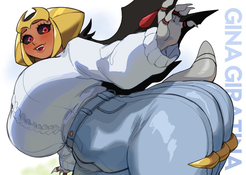 6_legs belly big_breasts black_sclera blush bottomwear breasts claws clothed clothing curvy_figure dark_body dark_skin denim denim_bottomwear denim_clothing dutch_angle female furgonomic_bottomwear furgonomics grey_body high_waisted_bottomwear hourglass_figure huge_breasts huge_thighs humanoidized jeans looking_at_viewer low-angle_view multi_limb open_mouth open_smile pants red_eyes simple_background slightly_chubby slightly_chubby_female slightly_chubby_humanoid slightly_chubby_taur smile solo spikes spikes_(anatomy) standing sweater tail teeth text thick_thighs tight_bottomwear tight_clothing tight_jeans tight_pants topwear white_background wide_hips wings lightsource nintendo pokemon fan_character gina_(lightsource) altered_forme_giratina generation_4_pokemon giratina humanoid humanoid_taur legendary_pokemon pokemon_(species) pokemon_taur taur 2024 absurd_res character_name digital_drawing_(artwork) digital_media_(artwork) hi_res portrait species_name three-quarter_portrait