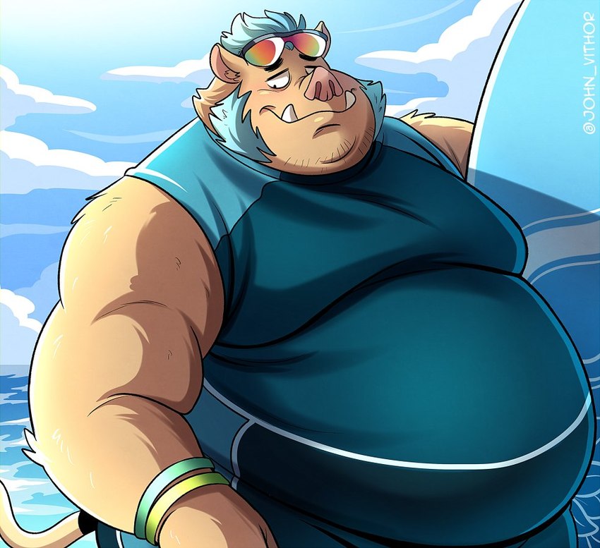 anthro beach belly brown_body brown_fur eyewear eyewear_on_head facial_hair fur male moobs mutton_chops overweight snout solo sunglasses sunglasses_on_head surfboard tusks wetsuit john_vithor lifewonders tokyo_afterschool_summoners ganglie_(tas) mammal suid suina sus_(pig) wild_boar