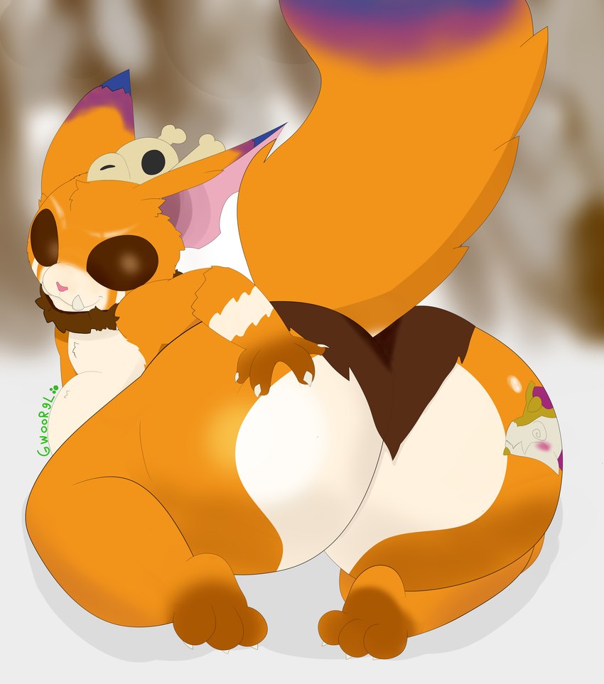 anthro beer_belly belly bent_over big_butt bone bottomwear butt butt_focus butt_grab butt_tattoo clothing digestion digestion_noises fur hand_on_butt loincloth looking_at_viewer looking_back lying male multicolored_body multicolored_butt multicolored_fur on_front onomatopoeia orange_body orange_fur presenting presenting_hindquarters raised_tail rear_view skull skull_accessory snow solo sound_effects tail tattoo text two_tone_body two_tone_butt two_tone_fur vore white_body white_fur wide_hips domiel league_of_legends riot_games tencent gnar_(lol) yordle absurd_res hi_res shaded