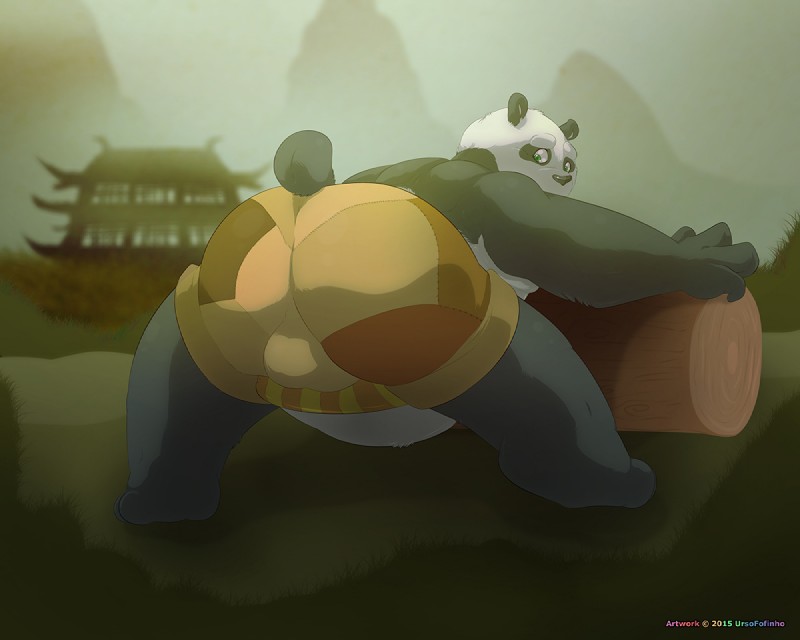 anthro belly big_belly big_butt black_body black_fur bottomwear bulge butt clothed clothing fur green_eyes looking_back male mountain outside overweight overweight_anthro overweight_male shorts solo topless white_body white_fur wood ursofofinho dreamworks kung_fu_panda master_po_ping bear giant_panda mammal 2015 5:4