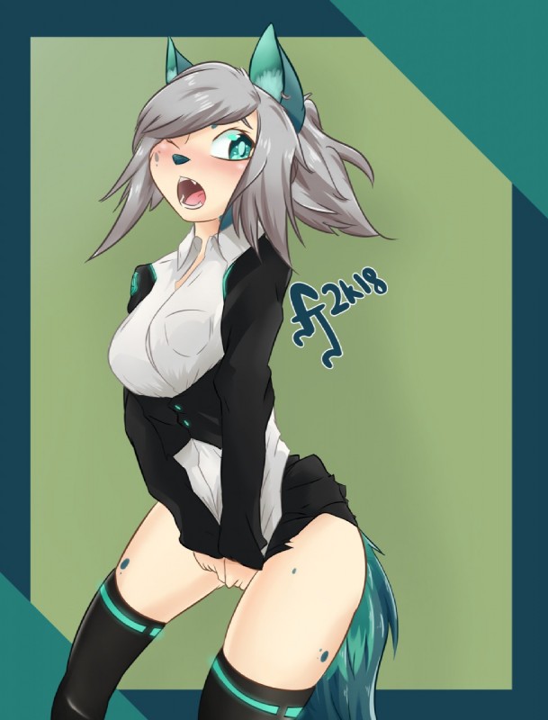 anthro blue_eyes blush breasts clothing covering covering_crotch covering_self female fluffy fluffy_tail grey_hair hair legwear looking_at_viewer open_mouth piercing solo tail thigh_highs fejess96 summer_(fejess96) domestic_cat felid feline felis mammal 2018 hi_res