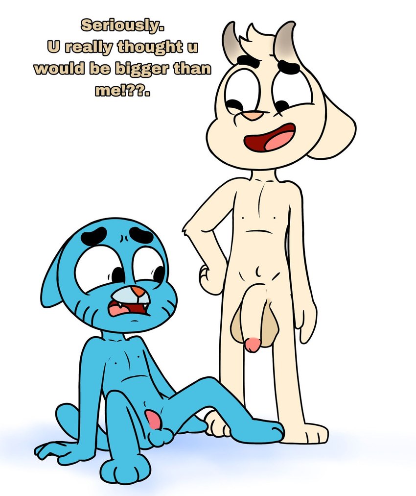 anthro balls big_balls big_penis blue_body duo genitals huge_balls humiliation looking_at_genitalia looking_at_penis male male/male nipples nude penis penis_humiliation shocked small_balls small_but_hung small_penis small_penis_humiliation young anonymous_artist cartoon_network the_amazing_world_of_gumball chi_chi gumball_watterson bovid caprine domestic_cat felid feline felis goat mammal hi_res