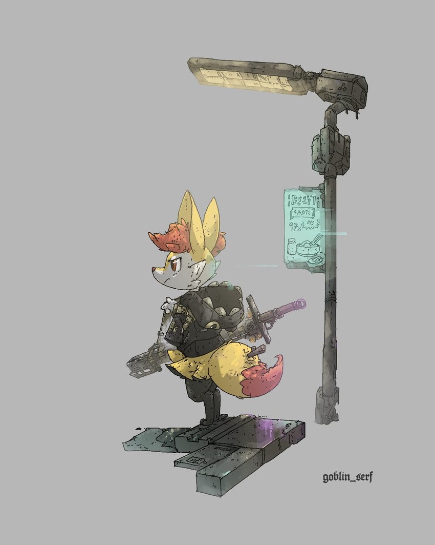 ambiguous_gender anthro bag black_legs cheek_tuft dipstick_tail facial_tuft fluffy fluffy_tail grey_background inner_ear_fluff looking_forward markings melee_weapon mouth_closed red_inner_ear_fluff red_tail_tip simple_background solo stairs standing street_lamp sword tail tail_markings text tuft weapon goblin_serf nintendo pokemon pokemon_mystery_dungeon spike_chunsoft braixen generation_6_pokemon pokemon_(species) 2022 4:5 artist_name digital_media_(artwork) english_text hi_res