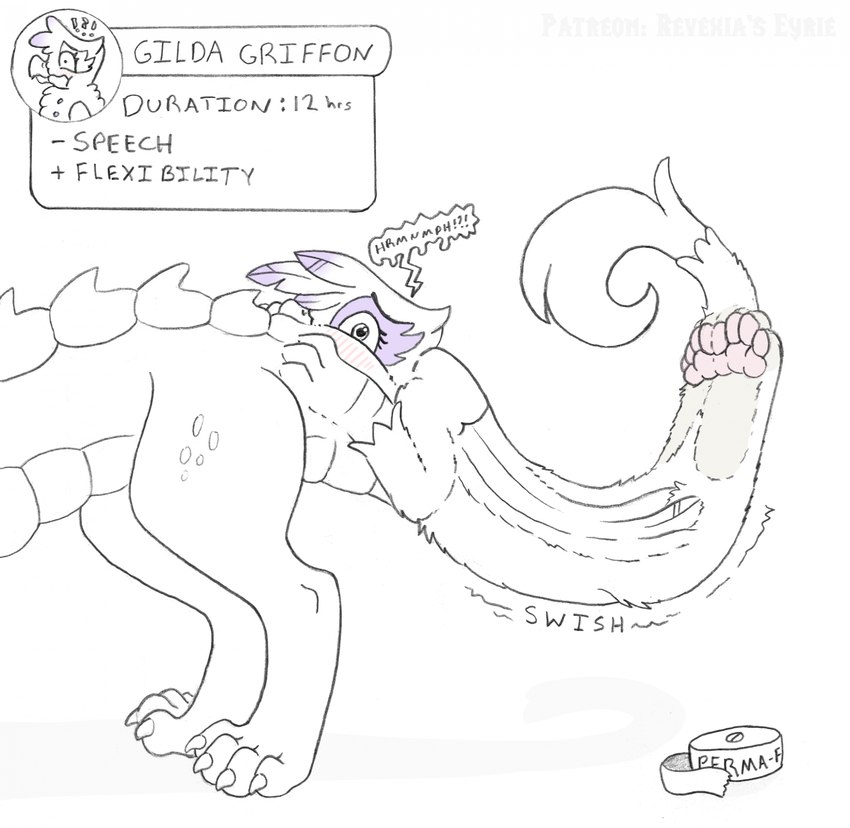 4_toes ?! blush blush_lines claws conjoined duo feet female feral fused_arms fused_fingers fused_legs fused_toes fused_wings hindpaw loss_of_speech merging mid_transformation motion_lines muffled_speech patreon_username pawpads paws permanent_transformation pink_pawpads simple_background sound_effects speech_bubble tail tail_transformation tail_tuft tape time_period toe_claws toes transformation tuft icaron friendship_is_magic hasbro my_little_pony mythology gilda_(mlp) avian dragon gryphon mythological_avian mythological_creature mythological_scalie scalie hi_res partially_colored sketch watermark