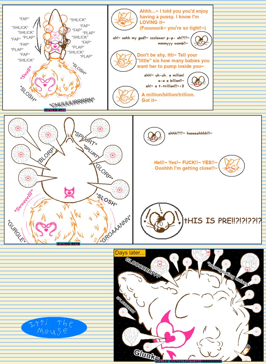 animal_genitalia anthro astronomical_hyper ball_tattoo balls balls_expansion belly big_balls big_belly bodily_fluids brown_body brown_fur churning_balls colored_outline cum cum_inflation cum_inflation_progression cum_inside dialogue earth endless_cum endless_orgasm excessive_cum excessive_genital_fluids excessive_precum expansion extreme_size_difference fap_(sound_effect) feline_genitalia female fleshlight_position fluffy_balls fur genital_expansion genital_fluids genital_tattoo genitals giant_sperm groaning_balls gurgle_(sound_effect) gurgling_balls gynomorph gynomorph/female huge_balls huge_belly hyper hyper_balls hyper_belly hyper_cum hyper_genitalia hyper_inflation hyper_precum hyper_pregnancy impregnation impregnation_count impregnation_request impregnation_view inflation intersex intersex/female it's_just_pre lined_paper living_condom long_sex masturbation micro multiple_ova orange_body orange_fur ovum penetration planet planet_dwarfing planet_sized plap plap_(sound) precum pregnant profanity pussy ridiculous_fit sex shlick simple_background size_difference slosh sloshing_balls sound_effects space sperm_cell sperm_tattoo splurt star stock_image talking_during_sex tattoo text vaginal vaginal_penetration white_background womb_tattoo ittithemouse itti_(ittithemouse) domestic_cat felid feline felis mammal mouse murid murine rodent english_text hi_res line_art adopted_(lore) adoptive_sibling_(lore) adoptive_sister_(lore) adoptive_sisters_(lore) incest_(lore) pseudo_incest_(lore) sibling_(lore) sister_(lore) sisters_(lore) trans_(lore) trans_woman_(lore)
