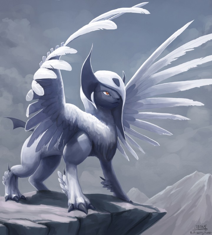 ambiguous_gender black_nose claws feather_tuft feathers feral fur grey_body grey_cloud hair hair_over_eye horn mountain red_eyes solo spread_wings tail text tuft white_body white_fur white_wings wings butt-berry nintendo pokemon generation_6_pokemon mega_absol mega_evolution pokemon_(species) 2017 artist_name hi_res url