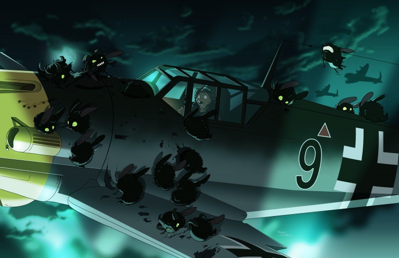 aircraft airplane bf_109 black_body black_fur clothed clothing eating flying fur german grey_body grey_fur group horn large_group luftwaffe male moon night pilot spotlight vehicle wings darc_sowers code_name:_hunter messerschmitt canid canine canis domestic_dog gremlin mammal 2019 absurd_res hi_res