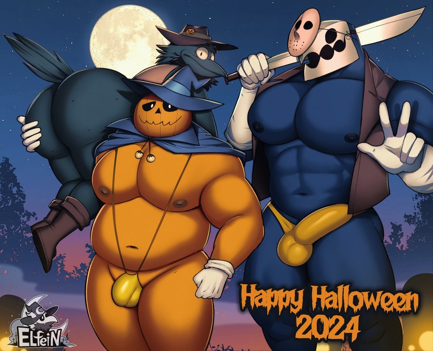 anthro barazoku big_butt big_pecs black_body bulge butt clothing detailed_background detailed_bulge gloves group handwear holiday_message holidays male moon muscular muscular_anthro muscular_male night nipples orange_body pecs text trio elfein atlus halloween megami_tensei megami_tensei_persona sega andres_(elfein) jack-o'-lantern_(megami_tensei) thanatos_(megami_tensei) avian bird corvid corvus_(genus) crow humanoid oscine passerine persona_(species) english_text