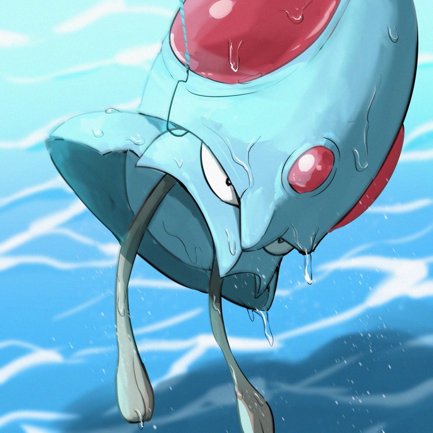 ambiguous_feral ambiguous_gender annoyed black_eyes blue_body feral fish_hook fishing_line grey_body grey_tentacles hook light multicolored_body red_body shadow solo tentacles water water_drop wet wet_body spicyichizo nintendo pokemon cnidarian generation_1_pokemon marine pokemon_(species) tentacool 1:1 2024 absurd_res hi_res lighting shaded