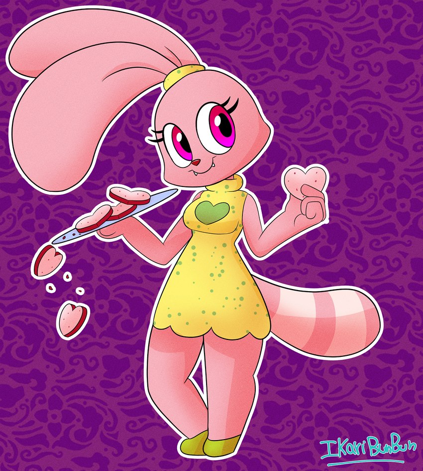 anthro breasts clothed clothing cookie eyelashes fangs female food fur heart_symbol holding_food holding_object long_ears looking_away medium_breasts pink_body pink_eyes pink_fur purple_background simple_background smile solo standing teeth thick_thighs tray wide_hips young ikaribunbun cartoon_network chowder_(series) panini_(chowder) felid lagomorph leporid mammal rabbit hi_res