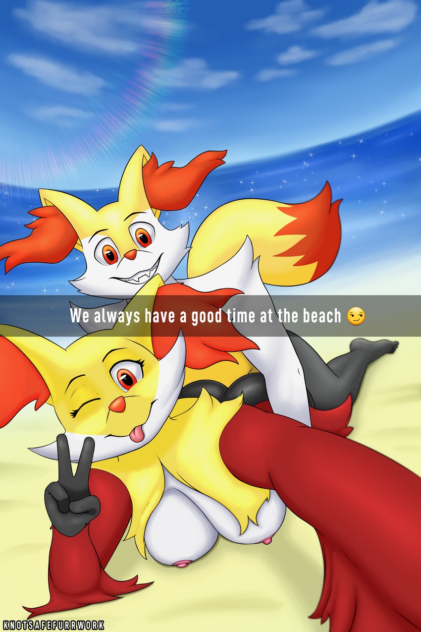 anthro beach breasts butt duo feet female gesture hand_gesture looking_at_viewer male male/female nipples one_eye_closed seaside selfie text tongue tongue_out v_sign wink winking_at_viewer knotsafefurrwork nintendo pokemon snapchat braixen canid delphox generation_6_pokemon mammal pokemon_(species) 2:3 absurd_res english_text hi_res