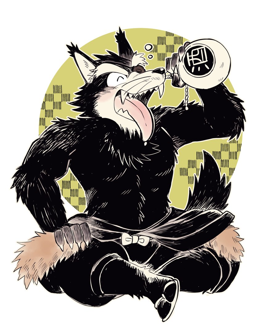 alcohol anthro beverage black_body black_fur clothing eyes_closed footwear fur kemono male open_mouth sake sandals shoes sitting solo tongue tongue_out kinoshita-jiroh canid canine canis mammal wolf 2024 absurd_res hi_res