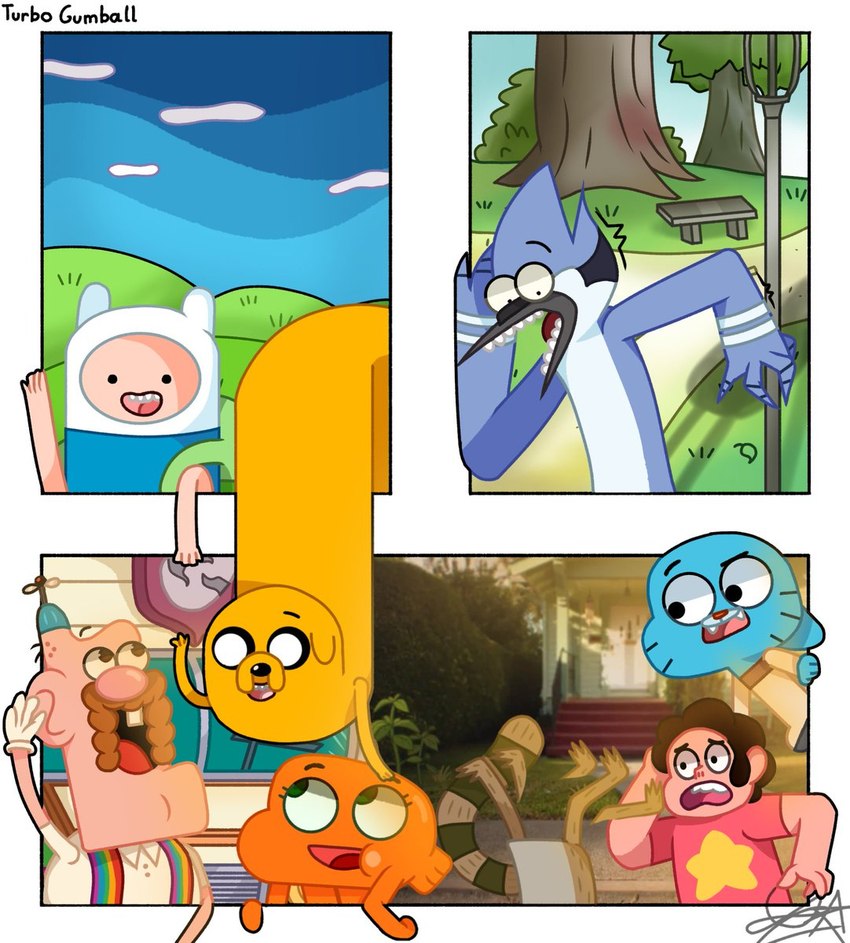 beard blue_body blue_fur brown_beard brown_eyes brown_facial_hair clothed clothing detailed_background facial_hair fur gesture green_eyes happy hill looking_at_another orange_body photo_background plant recreational_vehicle shocked sky tree vehicle waving white_body white_fur yellow_body turbo_gumball adventure_time cartoon_network regular_show steven_universe the_amazing_world_of_gumball uncle_grandpa darwin_watterson finn_the_human gumball_watterson jake_the_dog mordecai_(regular_show) rigby_(regular_show) steven_quartz_universe uncle_grandpa_(character) avian bird blue_jay canid canine canis corvid cyprinid cypriniform domestic_cat domestic_dog felid feline felis fish goldfish human jay_(bird) mammal marine new_world_jay oscine passerine procyonid raccoon 2022 artist_name hi_res photography_(artwork) signature