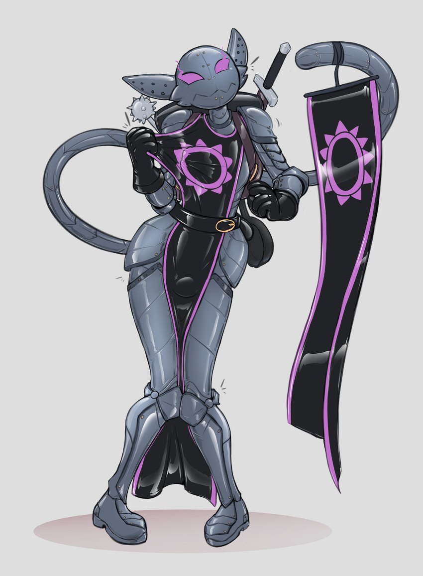 anthro armor banner biped bulge clothed clothing gloves handwear knock-kneed latex latex_clothing latex_gloves latex_handwear long_tail mace male melee_weapon purple_eyes simple_background solo stuck sword tail weapon helixjack felid feline mammal 2025 digital_media_(artwork) hi_res