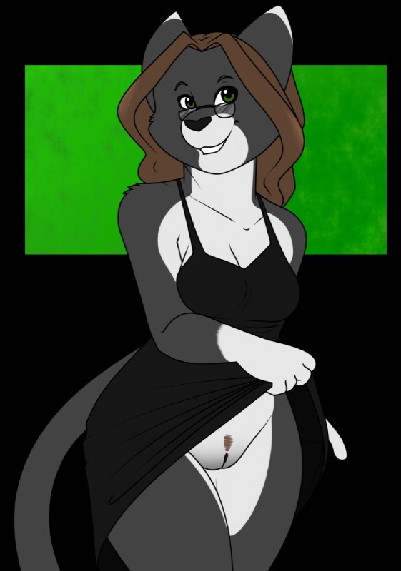 anthro black_body black_fur black_nose bottomless brown_hair clothed clothing clothing_lift dress dress_lift eyewear female flashing fur genitals glasses green_eyes hair looking_at_viewer no_underwear pawpads pubes pussy simple_background smile solo standing tail os josie_(os) domestic_cat felid feline felis mammal 2018 alpha_channel hi_res