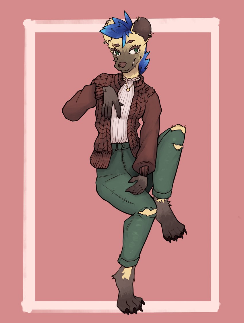 ambiguous_gender clothing comfy cozy hair paws sitting smile sweater topwear manustuff hyena mammal hi_res
