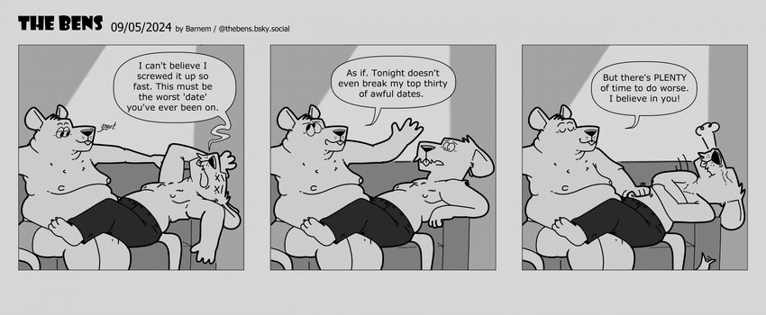 anthro clothing dialogue duo furniture lying male male/male moobs nipples overweight overweight_male sitting sofa text underwear barnem mammal murid murine rat rodent 2024 comic english_text hi_res monochrome