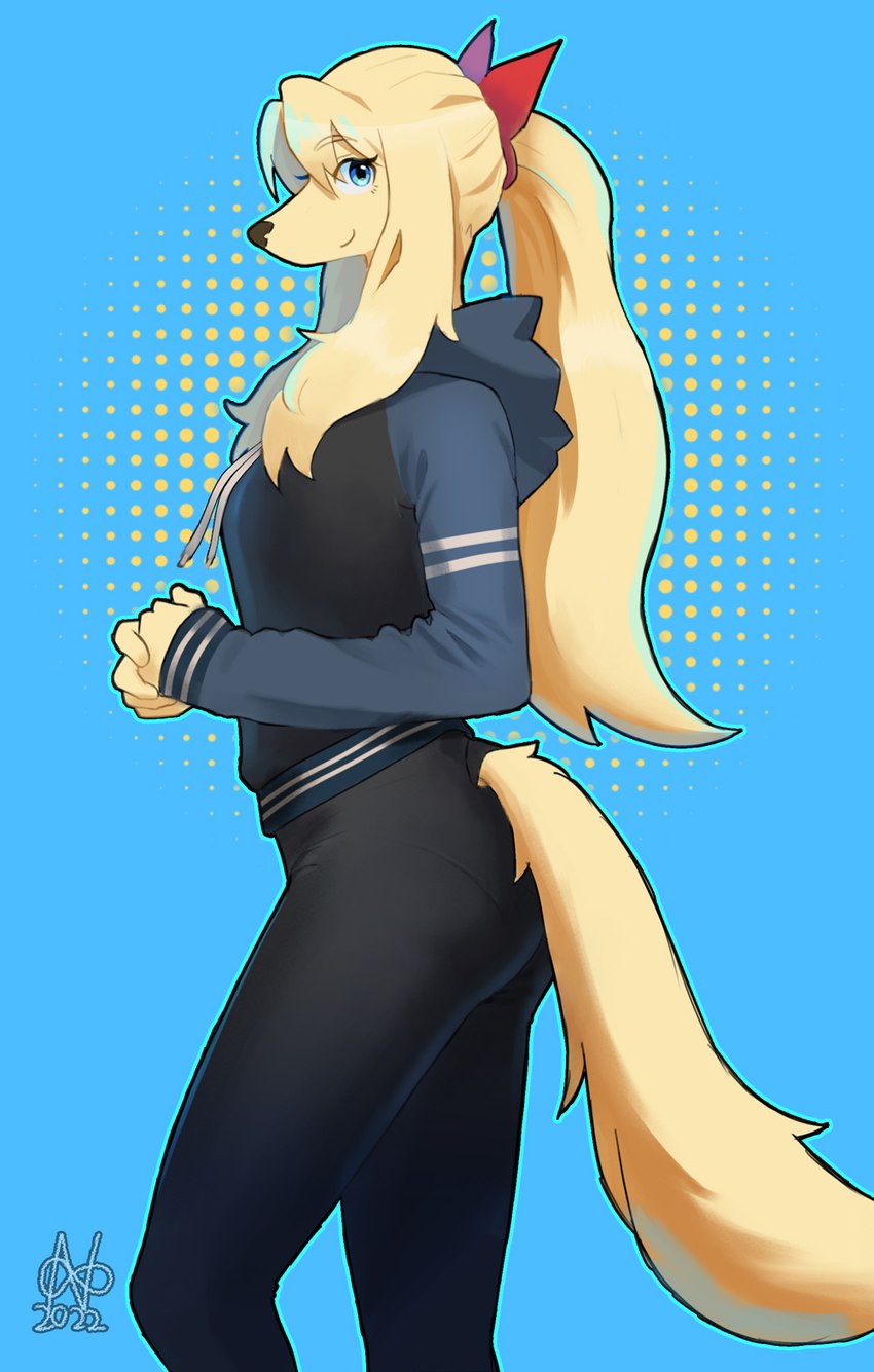 anthro black_bottomwear black_clothing black_hoodie black_pants black_topwear blonde_hair blue_clothing blue_eyes blue_hoodie blue_topwear bottomwear butt clothed clothing female fingers fully_clothed fur hair hoodie looking_at_viewer multicolored_hoodie pants tail tight_clothing topwear yellow_body yellow_fur yellow_tail yoga_pants 00niine liz_(00niine) canid canine canis domestic_dog mammal 2022 hi_res