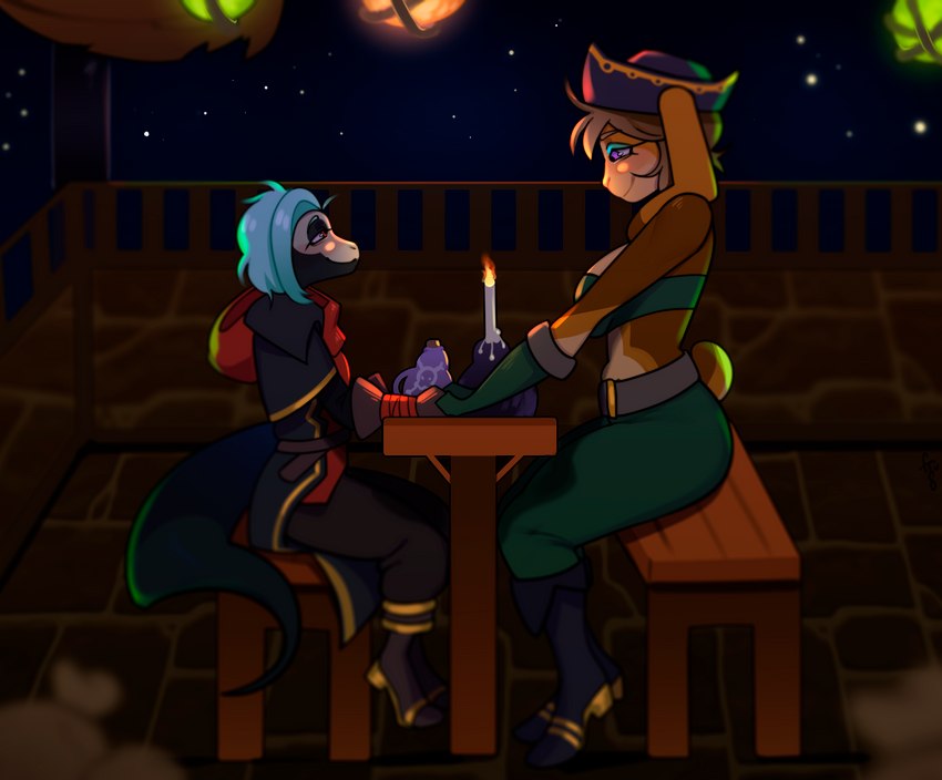 alcohol anthro beverage duo female hand_holding larger_female male male/female pirate pirate_hat pirate_outfit romantic romantic_ambiance romantic_couple romantic_dinner romantic_night size_difference small_dom_big_sub smaller_male freakster sea_of_thieves xiro_decobray hi_res