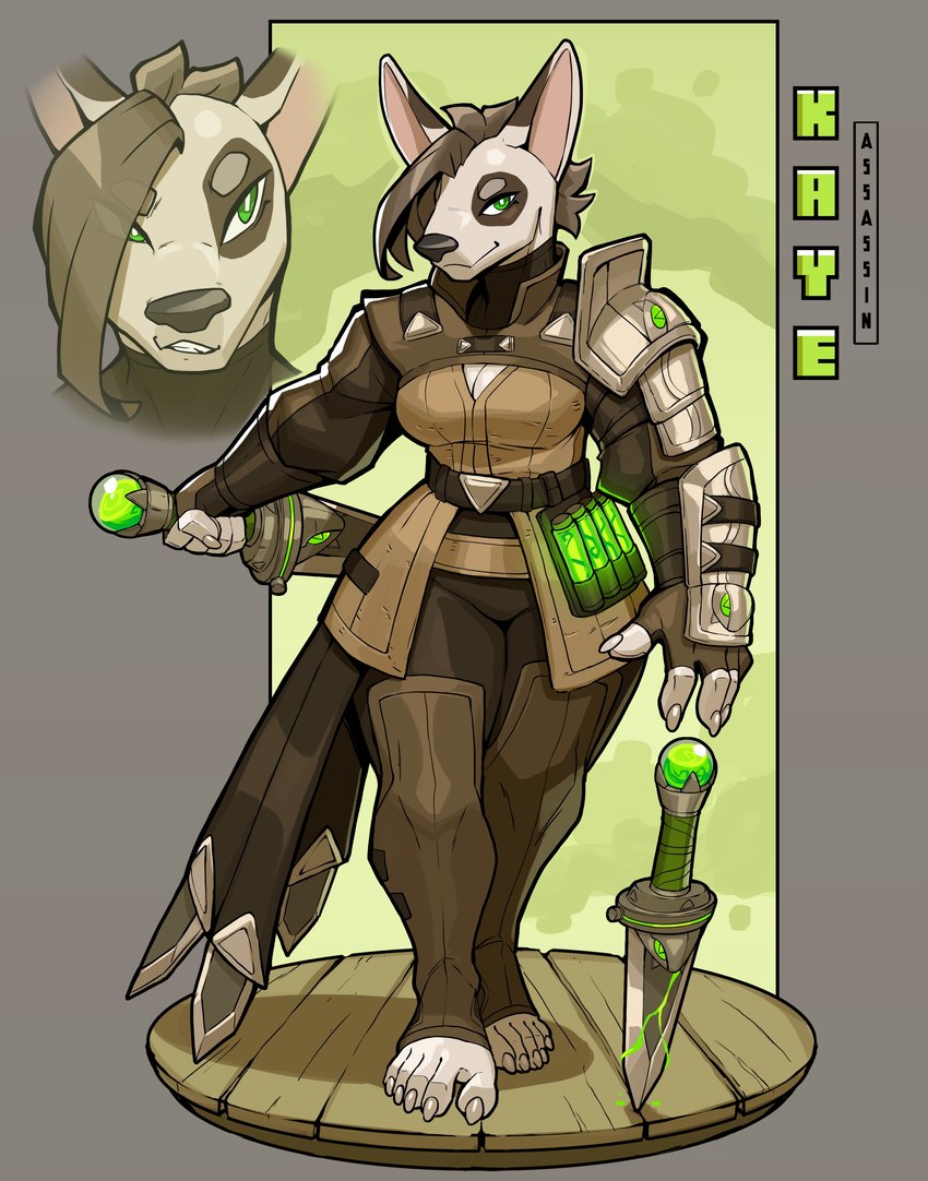 5_fingers 5_toes anthro armor asymmetrical_hair belt breasts brown_body brown_fur brown_hair cleavage clothed clothing colored_nails dagger feet female fingerless_gloves fingers fur gloves green_eyes hair hair_over_eye handwear holding_object holding_weapon humanoid_feet humanoid_hands looking_at_viewer melee_weapon nails one_eye_obstructed pauldron plantigrade solo standing toeless_legwear toes topwear vambrace vest weapon white_body white_fur white_nails ceehaz dog_knight_rpg kaye_(ceehaz) bull_terrier canid canine canis domestic_dog hunting_dog mammal terrier 2021 absurd_res hi_res