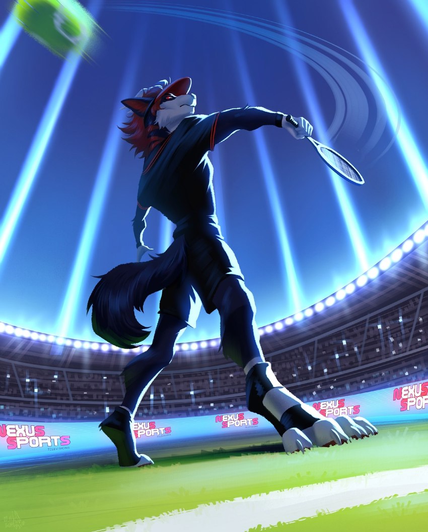 action_pose anthro atmospheric atmospheric_perspective ball claws clothing fluffy fluffy_hair fluffy_tail footwear hair lights looking_at_viewer male muscular muscular_anthro muscular_male paws playing_sport playing_tennis pose science_fiction serious serious_face shoes sneakers solo sport sportswear stadium stadium_lighting superhero tail tennis tennis_ball tennis_court tennis_racket toe_claws ladonbkokosa walk-w-igny igny_superstar sebastian_brighton_(walk-w-igny) canid canine canis mammal wolf hi_res