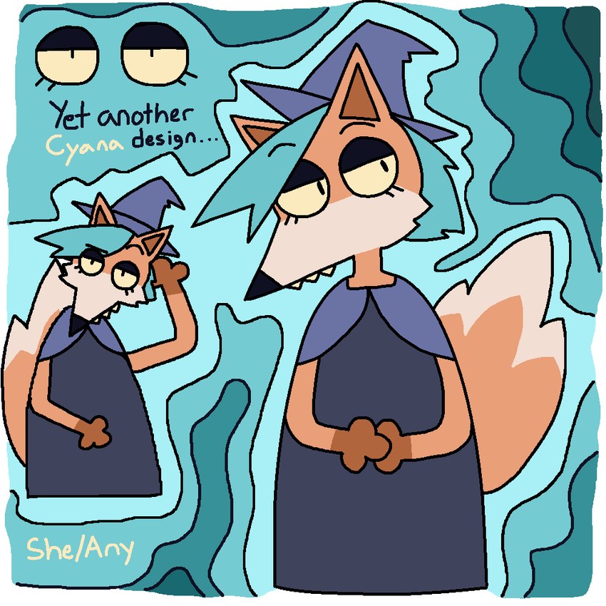 anthro big_tail blue_hair clothing eyelashes hair half-closed_eyes hat headgear headwear magic_user narrowed_eyes pronouns robe solo tail witch witch_hat hexedcyana cyana_(hexedcyana) canid canine fox mammal red_fox true_fox 1:1 trans_(lore) trans_woman_(lore)