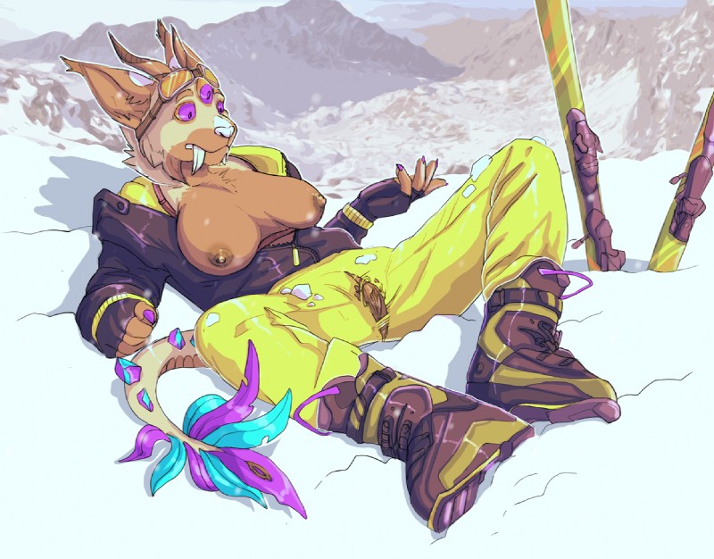 3_eyes anthro breasts clothed clothing exposed_breasts fangs female genitals horn multi_eye nipples pussy sabertooth_(anatomy) ski snow solo spread_legs spreading teeth torn_clothing jeanwoof yellow_(character) felid hybrid mammal