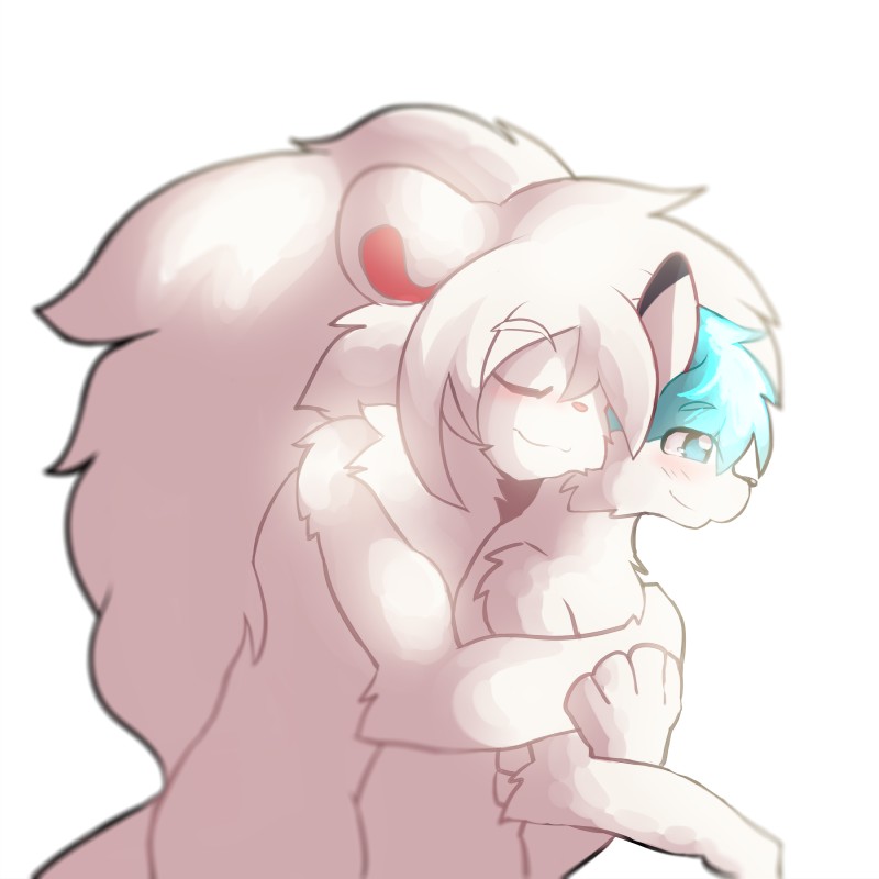 anthro blush duo eyes_closed hug hugging_another hugging_from_behind male male/male mane nude side_view simple_background smile white_background young whiteleo leo_(whiteleo) canid canine mammal 1:1 absurd_res hi_res