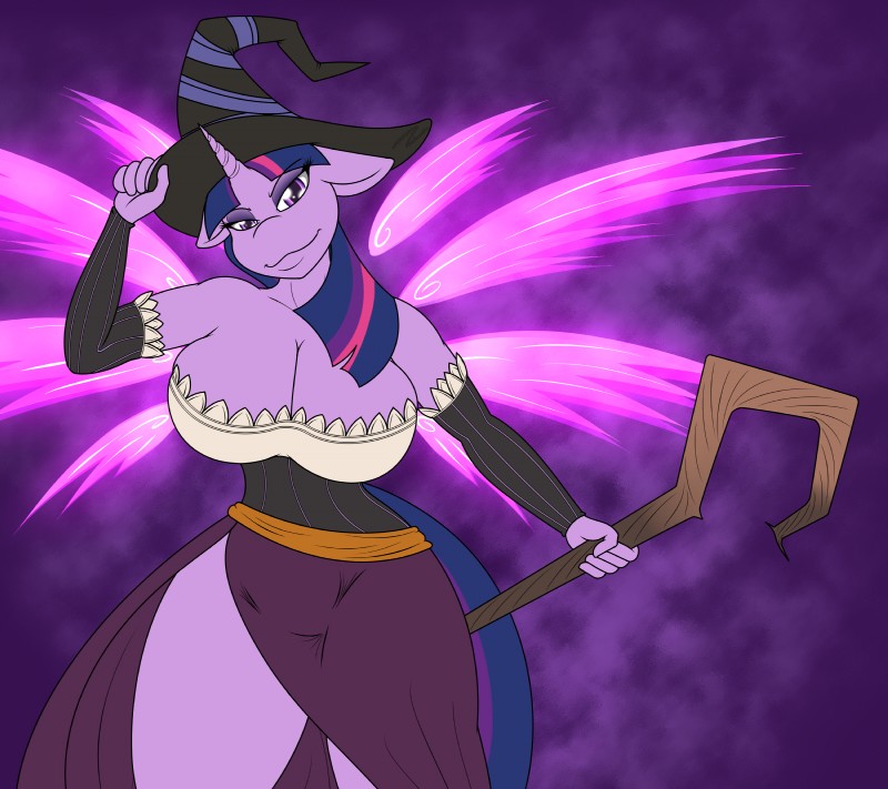 anthro anthrofied big_breasts breasts cleavage clothed clothing female glowing hair hat headgear headwear holding_object horn huge_breasts long_hair looking_at_viewer purple_body purple_eyes purple_skin solo staff witch_hat b00mt00b friendship_is_magic hasbro my_little_pony mythology twilight_sparkle_(mlp) equid equine mammal mythological_creature mythological_equine unicorn 2015 absurd_res hi_res