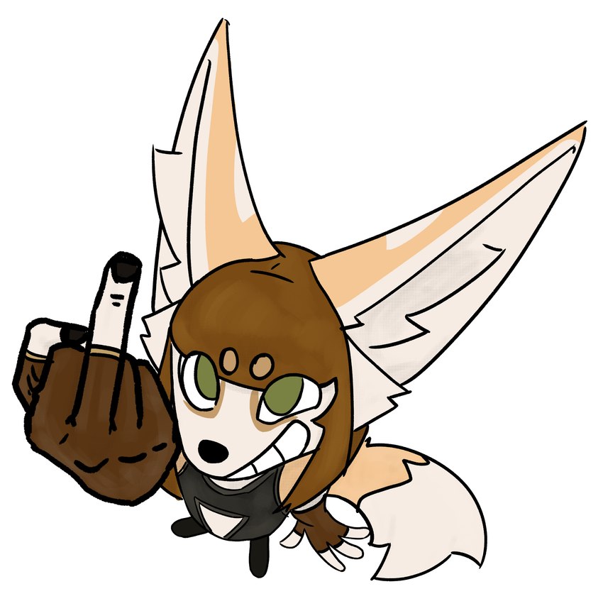 anthro big_ears clothing dipstick_tail female fingerless_gloves gesture gloves green_eyes grin grinning_at_viewer hand_gesture handwear inner_ear_fluff looking_at_viewer markings middle_finger smile streetwear tail tail_markings techwear tuft madfuzzer aria_maxwell canid canine fennec_fox fox mammal true_fox absurd_res hi_res reaction_image