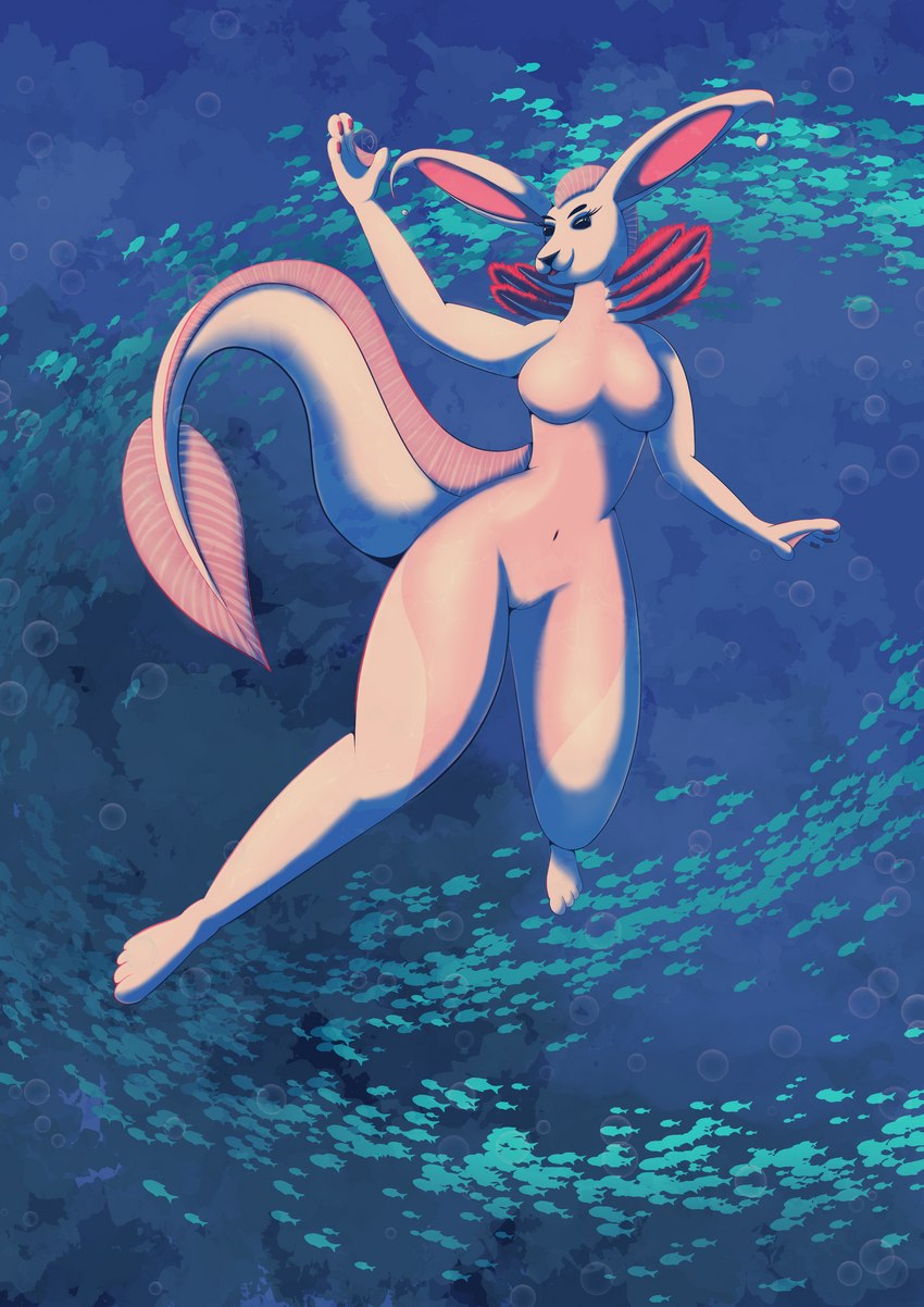 anthro big_ears big_tail breasts female genitals gills glistening glistening_body leg_markings markings pussy sea smooth_skin solo swimming tail thick_thighs thigh_markings underwater water wide_hips deedoss angel_(deedoss) amphibian axolotl fish hare hybrid lagomorph leporid mammal marine mole_salamander salamander absurd_res hi_res