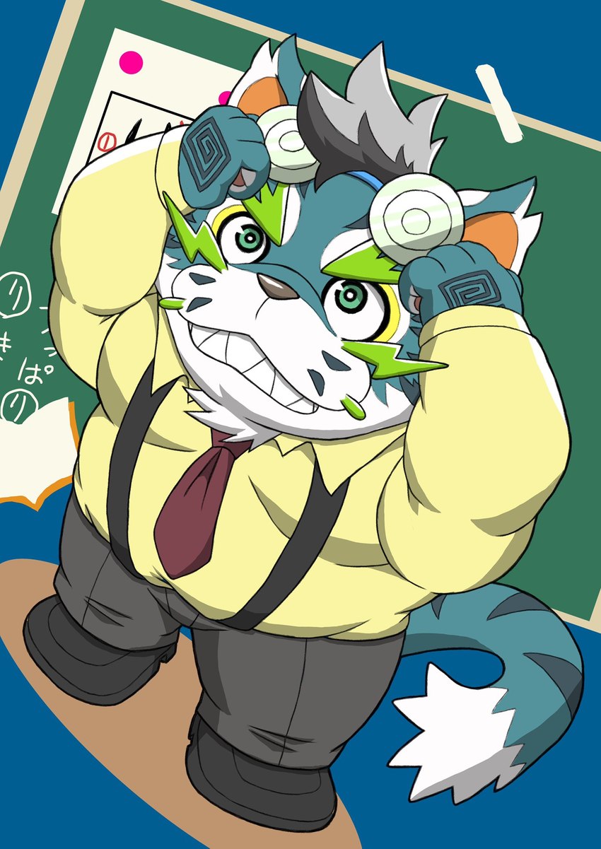 anthro blue_body blue_fur fur humanoid_hands kemono male overweight overweight_anthro overweight_male solo text white_body white_fur prototendon sengoku_puzzle raiden_shin'emon felid mammal pantherine tiger 2021 hi_res japanese_text