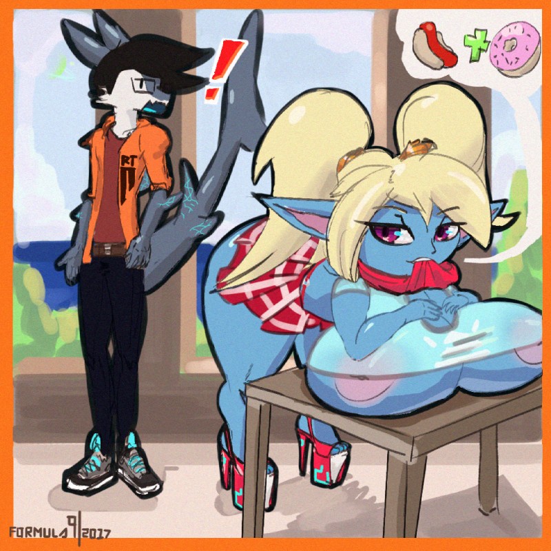 anthro big_breasts bottomwear breasts clothing duo female footwear hair high_heels nipples open_mouth platform_footwear platform_heels school_uniform shoes short skirt speech_bubble thick_thighs uniform wide_hips cephei league_of_legends riot_games tencent poppy_(lol) fish mammal marine shark yordle 1:1 2017