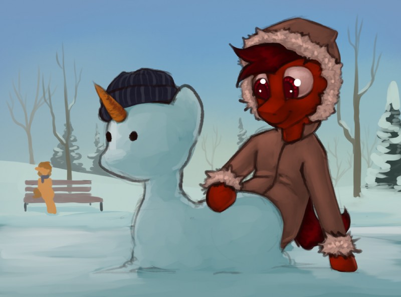 ambiguous_gender carrot clothing coat duo food fur_trim_(clothing) hair hat headgear headwear male outside plant scarf smile snow snow_pony snowman solo_focus topwear tree vegetable winter marsminer hasbro my_little_pony fan_character mars_miner venus_spring equid equine horse mammal pony 2017 digital_media_(artwork)