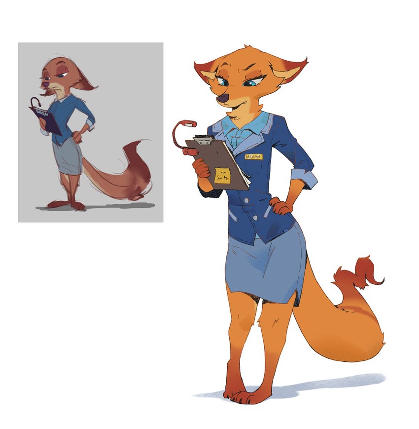 3_toes anthro barefoot blue_eyes bottomwear claws clothed clothing duo feet female furgonomics notebook simple_background skirt solo tail tail_through_skirt toe_claws toes white_background ruffu disney zootopia megan_fawkes canid canine fox mammal red_fox true_fox