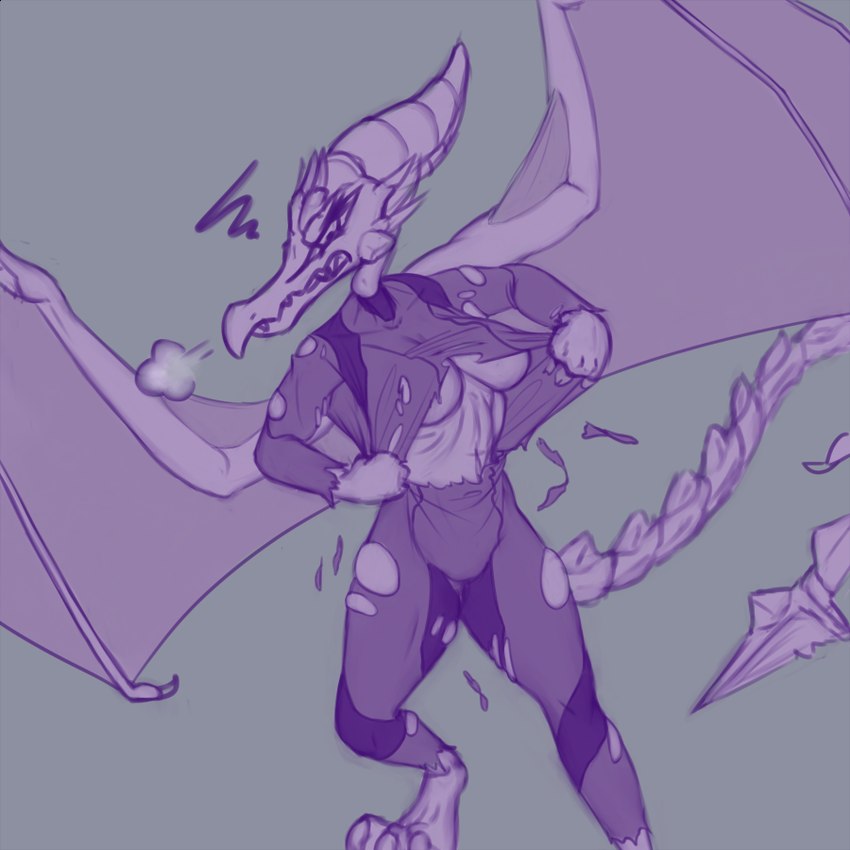 breasts clothing crossgender female solo tail torn_clothing unimpressed wings zero_suit sillyshroudedserpent metroid mythology nintendo ridley alien dragon mammal mythological_creature mythological_scalie scalie space_dragon_(metroid) 1:1