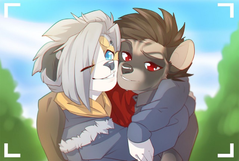 ambiguous_gender anthro blue_eyes brown_hair clothed clothing day detailed_background duo grey_hair grey_nose hair male outside red_eyes simple_background white_background rikitoka aardwolf bear giant_panda hyena mammal