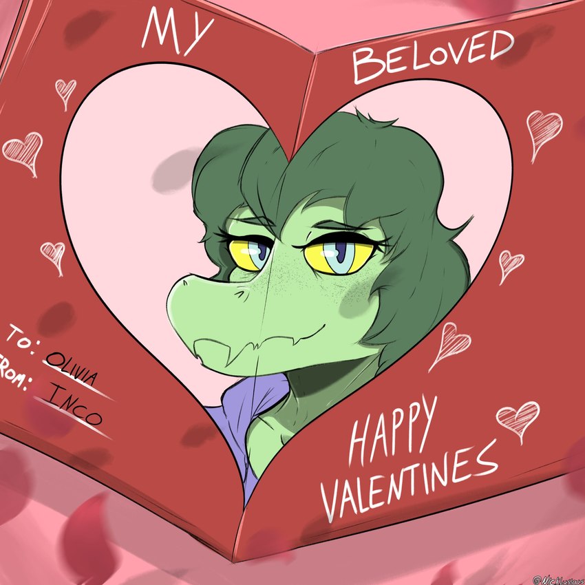 anthro eyelashes female freckles green_body green_hair green_scales grey_eyes hair heart_symbol holidays looking_at_viewer pink_background scales short_hair simple_background smile snout solo text valentine's_day_card yellow_sclera nicklusious cavemanon_studios i_wani_hug_that_gator valentine's_day olivia_halford baryonyx dinosaur prehistoric_species reptile scalie spinosaurid theropod 1:1 2024 absurd_res artist_name digital_drawing_(artwork) digital_media_(artwork) english_text hi_res signature