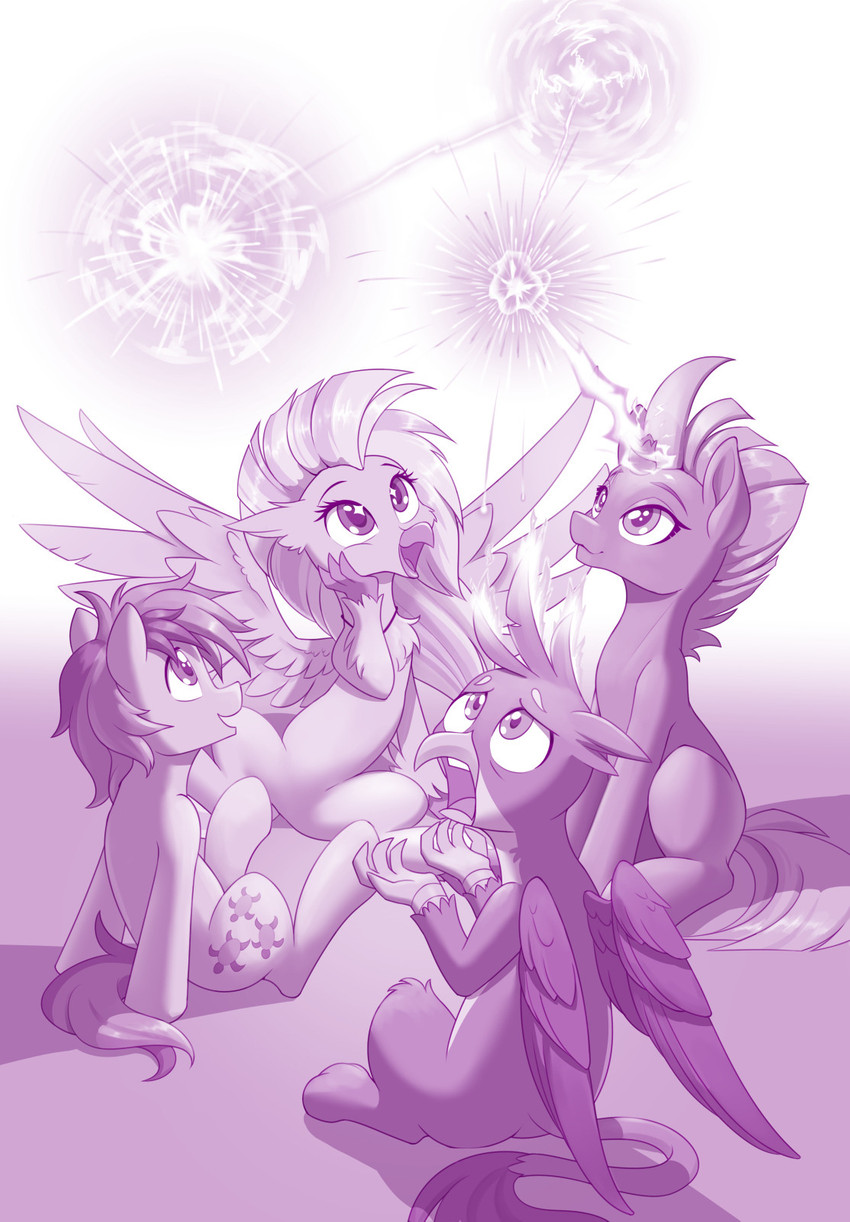 broken_horn feathered_wings feathers female feral fire group horn magic magic_user male scared sitting wings dstears european_mythology friendship_is_magic greek_mythology hasbro my_little_pony my_little_pony:_the_movie_(2017) mythology gallus_(mlp) sandbar_(mlp) silverstream_(mlp) tempest_shadow_(mlp) avian equid equine gryphon hippogriff horse mammal mythological_avian mythological_creature mythological_equine pony unicorn 2020 hi_res monochrome purple_theme