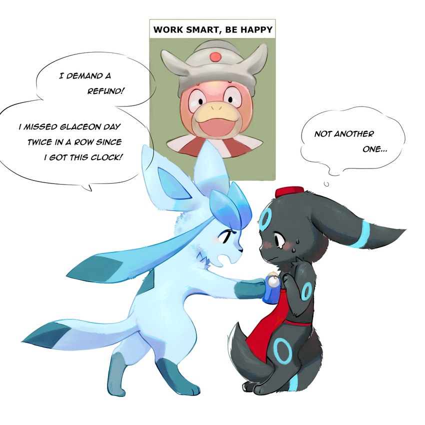 ambiguous_gender angry anthro apron black_body black_fur blue_body blue_fur chest_tuft clock clothing dialogue duo fur looking_at_another paws poster scared simple_background speech_bubble tail tail_between_legs text tuft white_background aishasoup nintendo pokemon eeveelution generation_2_pokemon generation_4_pokemon glaceon pokemon_(species) shiny_pokemon umbreon english_text hi_res