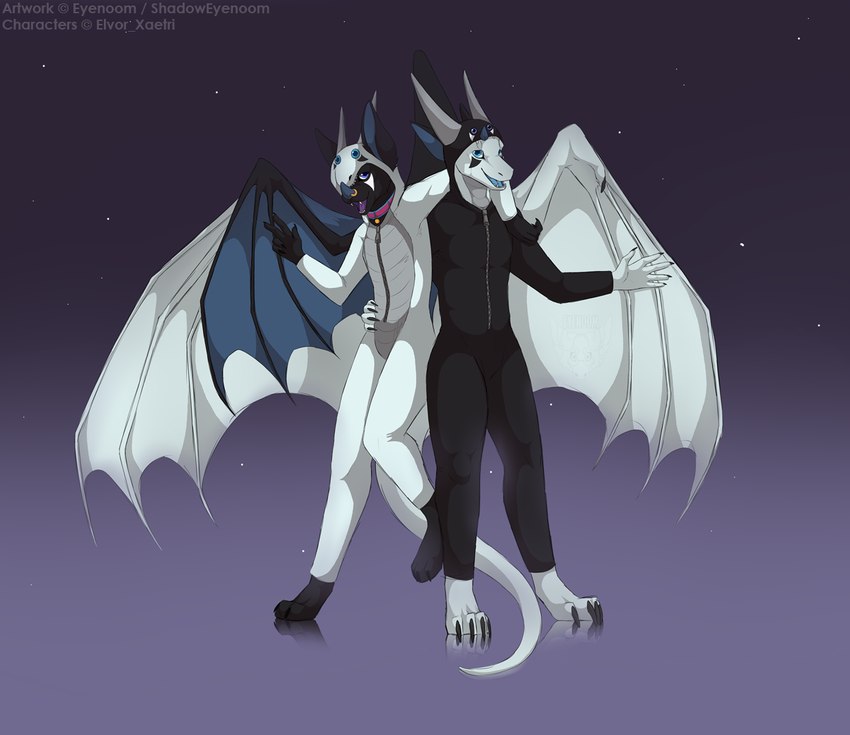 anthro clothing duo facial_piercing kigurumi male male/male nose_piercing onesie piercing simple_background tail shadoweyenoom mythology batsy(elvor_xaetri) elvor_xaetri bat dragon mammal mythological_creature mythological_scalie scalie