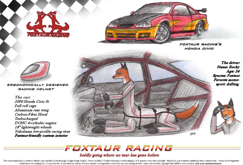 armor car clothed clothing dipstick_tail driving eyewear fully_clothed fur furgonomics headgear helmet holding_fixture inside_car inside_vehicle jumpsuit male markings multicolored_tail orange_body orange_fur racing safety_belt side_view smoke solo sunglasses tail tail_clothing tail_markings text vehicle white_body white_fur wannabemustangjockey honda canid canid_taur canine canine_taur fox fox_taur mammal mammal_taur taur 2005 english_text lol_comments mixed_media traditional_media_(artwork)