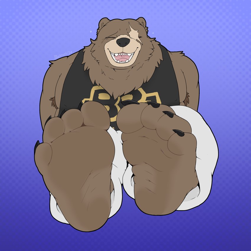 anthro barefoot bearoski bodily_fluids clothed clothing feet foot_fetish foot_focus humanoid_feet laugh male paws pecs pits plantigrade slightly_chubby soles solo tears wrinkled_feet wrinkles teddypaws mihoyo zenless_zone_zero ben_bigger bear mammal 1:1 absurd_res hi_res