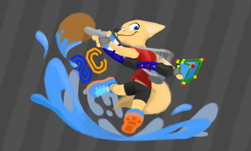 anthro biped blue_eyes bottomwear clothing cosplay footwear fur grey_background gun inkbrush ranged_weapon shirt shoes shorts simple_background solo splat_bomb style_emulation t-shirt tan_body tan_fur topwear weapon theblueberrycarrots disney nintendo splatoon zootopia skye_(zootopia) canid canine fox mammal 5:3 crossover hi_res