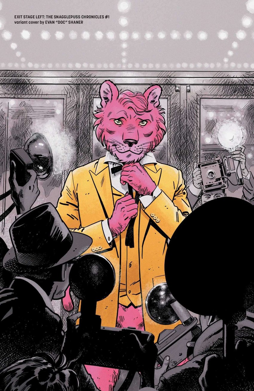 adjusting_tie anthro camera camera_flash clothing fur greyscale_background male necktie outside pink_body pink_fur solo suit text evan_shaner dc_comics exit_stage_left:_the_snagglepuss_chronicles hanna-barbera snagglepuss felid mammal pantherine 2018 comic cover cover_art cover_page digital_media_(artwork) english_text hi_res official_art