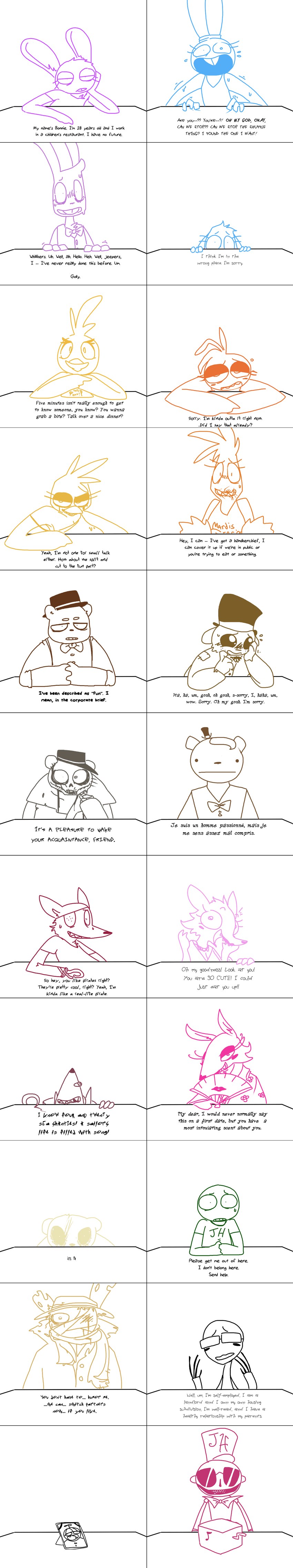 anthro anthrofied bandage blush bodily_fluids bow_(feature) bow_tie box clothing container dialogue eye_patch eyewear female french glasses group hat headgear headwear hook looking_at_viewer male ribbons scar simple_background speed_dating sunglasses sweat text the_weaver five_nights_at_freddy's five_nights_at_freddy's_2 five_nights_at_freddy's_3 roommates:motha scottgames april_marchand_may_(roommates) balloon_boy_(fnaf) beanie_(roommates) bonbon_(roommates) bonnibel_(roommates) bonnie_(fnaf) bonworth_(roommates) cheeky_(roommates) chica_(fnaf) chichi_(roommates) chiclet_(roommates) faz_(roommates) foxglove_(roommates) foxy_(fnaf) fred_fazbear_(roommates) freddy_(fnaf) frederick_(roommates) golden_freddy_(fnaf) goose_(roommates) haddock_(roommates) jeremy_human_(roommates) mangle_(fnaf) mango_(roommates) marion_(roommates) marionette_(fnaf) peanut_(roommates) rackham_(roommates) springtrap_(fnaf) toy_bonnie_(fnaf) toy_chica_(fnaf) toy_freddy_(fnaf) avian bear bird canid canine chicken fox galliform gallus_(genus) human lagomorph leporid mammal phasianid rabbit absurd_res comic digital_drawing_(artwork) digital_media_(artwork) english_text hi_res long_image monochrome tall_image